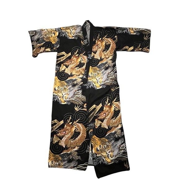 Vintage Juguemm Japanese‎ Kimono Dragon Tiger Black Gold One Size Unisex +Belt - Picture 1 of 16